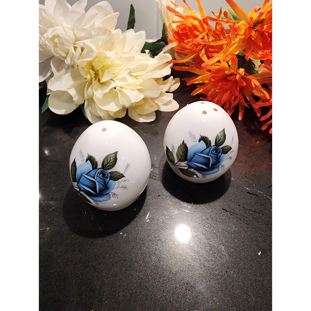 Vintage Sandford Bone China Salt Pepper Shakers Blue Rose Floral England MCM